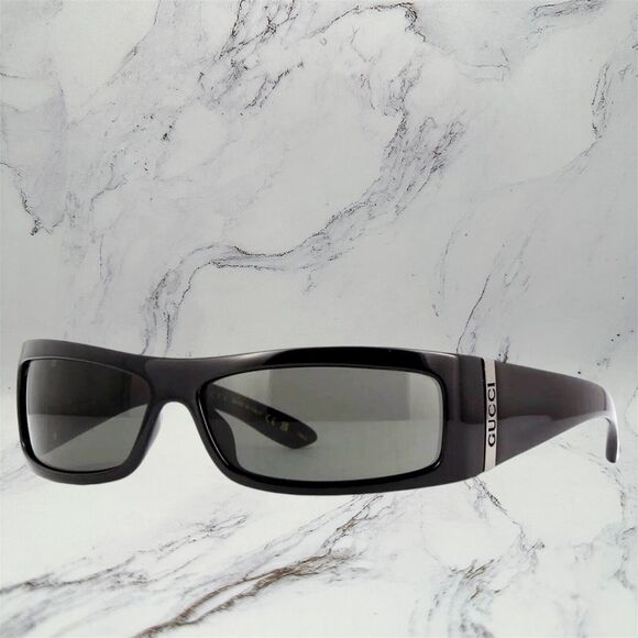 GUCCI Sunglasses New Black Wrap Square Acetate Fashion Show Rectangle Metal Logo - Picture 5 of 13